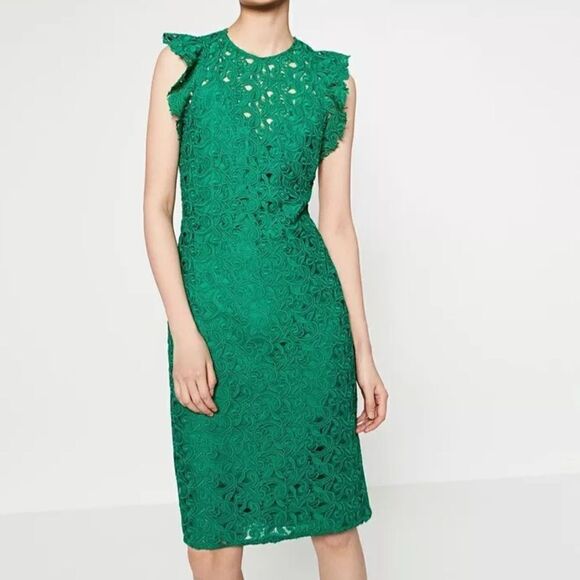 Zara Dresses & Skirts - Zara Green Lace Knee Length Dress- new without tag